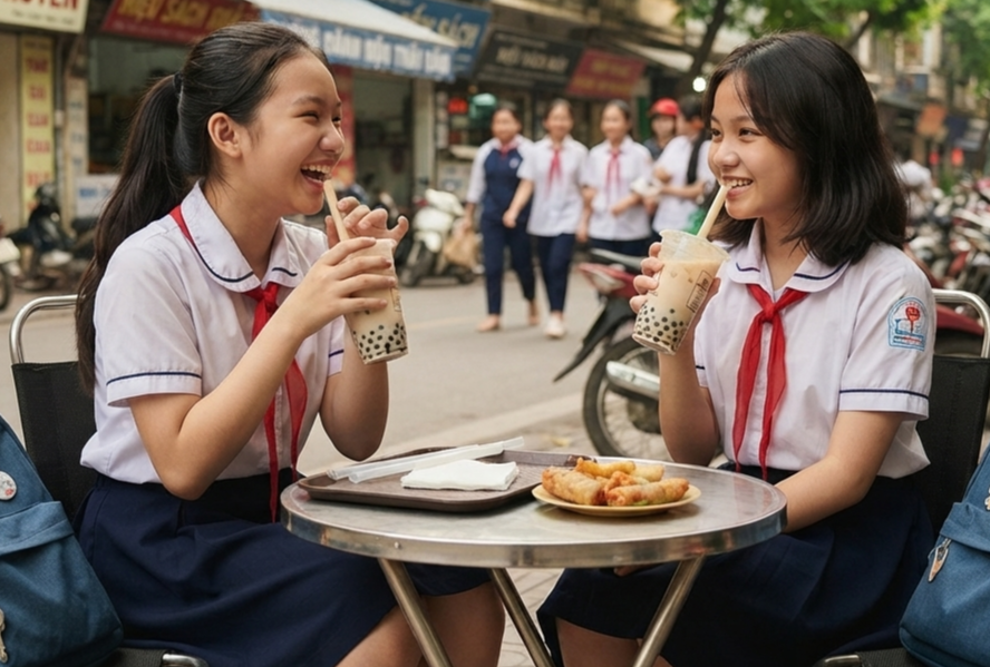 Học sinh uống đồ ngọt