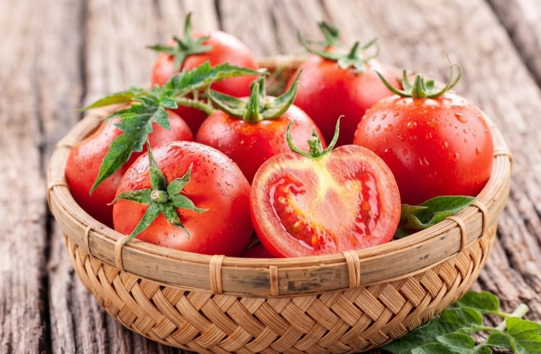 Cà chua tươi giúp bảo vệ tim mạch nhờ chứa lycopene, kali và chất xơ. Ảnh minh họa AI